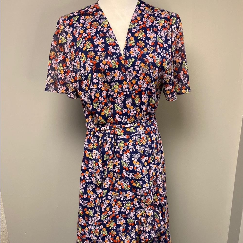 Cable & Gauge Blue and Pink Wrap Sundress with Flutter Sleeves